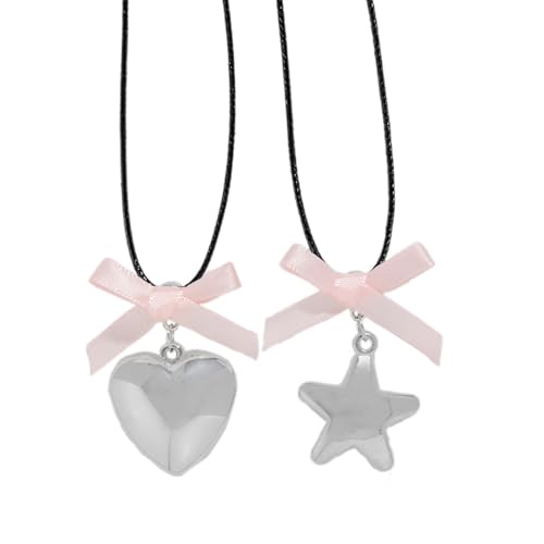 Fahoujs 2pcs Verspieltes Herz Und Sternanhänger Halskette Mit Bowknotverstellbares Länge Schlüsselbeinkettenschmuck Für Modeliebhaber Süßer Anhänger von Fahoujs