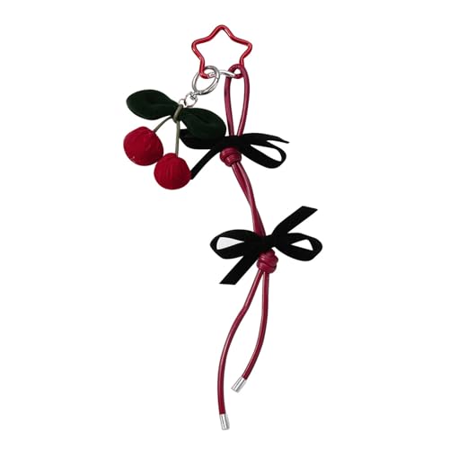 Fahoujs Cherries Bowknot Heart/Black Pompoms Charme Schlüsselringe Bag Anhänger Geflochten von Fahoujs