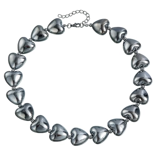 Fahoujs Elegante Gunmetal Perlen Halskette Mit Herzanhänger Verstellbarer Länge Choker Für Stilvolle Damen Modische Ornament Legierung Charm Halskette von Fahoujs