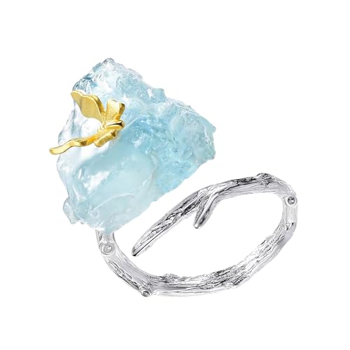 Fahoujs Elegante Schmetterlingsringe Mit Großen Aquamarin Edelsteinen Mode Frauenfinger Accessoire Natural Stone Schmuck Eleganter Schmetterling von Fahoujs