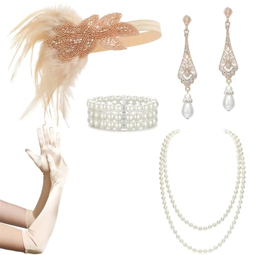 Fahoujs Female Flapper Kostüm GatsbyParty Stirnband Halskette Ohrringe Handschuhe 1920er Vintage Cosplay Party Kostüm Zubehör Set Vintage Zubehör Set Mädchen Kostüm Zubehör Partyzubehör von Fahoujs