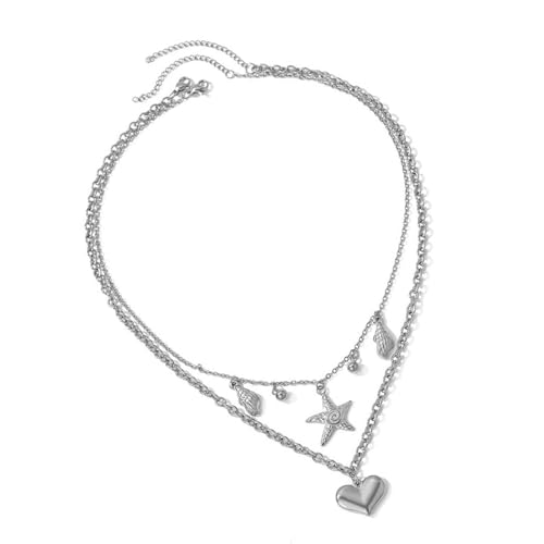 Fahoujs Frauen Doppelschicht Edelstahl Halskette Herzschuhe Halskette Für Stilvollen Strand Und Party Sieht Doppelte Schicht Aus von Fahoujs