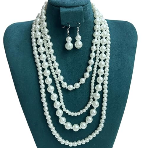Fahoujs Luxuriöse Frauen Mit Multi Strängen Schmuck Set Multi Layer Faux Perlen Halskette Und Ohrringe Schmücken Für Damen Handgefertigte Perlen Halskette von Fahoujs