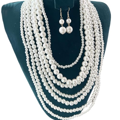 Fahoujs Luxuriöse Frauen Mit Multi Strängen Schmuck Set Multi Layer Faux Perlen Halskette Und Ohrringe Schmücken Für Damen Handgefertigte Perlen Halskette von Fahoujs