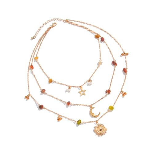 Fahoujs Mehrschichtige Pulloverkette Halskette Mit Star Moon And Sun Anhänger Charme Halskette Für Freizeit Und Urlaubsoutfits Nature Schmuck von Fahoujs