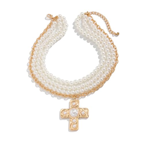 Fahoujs Mode Frauen Chunkies Gold Crosses Halskette Mit Schicht Perlen Choker Und Statement Stücke Anhänger Stilvolle Outfits Gestapelte Halskette von Fahoujs