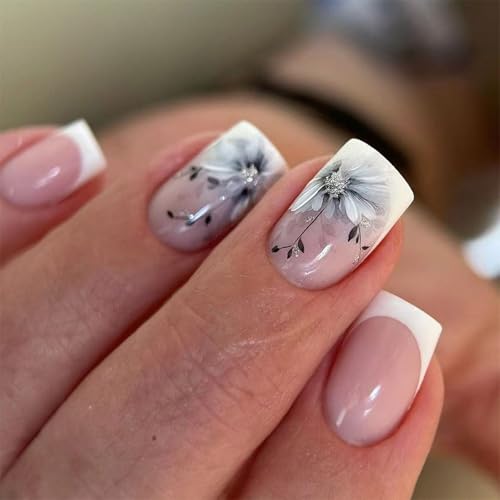 Kurze Quadratische Blumenpresse Auf Nägeln Französische Spitze Voller Abdeckung Auf Nägeln Acryl Für Frauen Und Mädchen 24 Pcs Glossy Nagel von Fahoujs