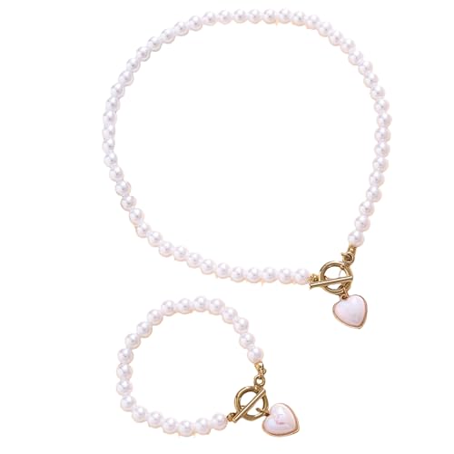 Nachahmung Perlen Halskette Herz Anhänger Armband Cooles Mädchen Geeignet Für Elegante Outfits Schmuckset Set Geeignet von Fahoujs