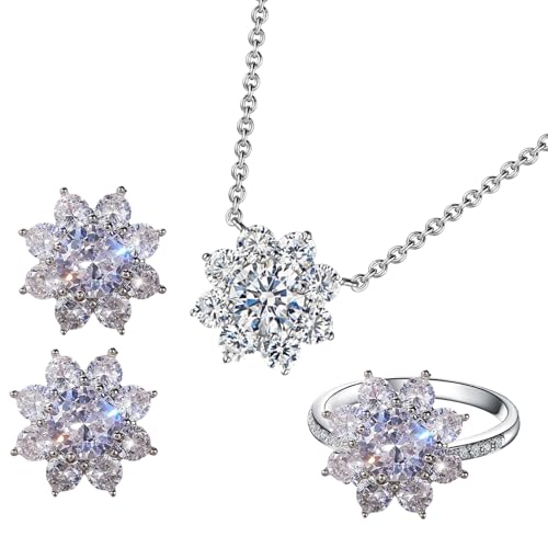 Süßer Schmuckset Mit Kubischem Zirkonia Zarte Blumen Halskette Ohrringe Und Ringe Jewlry Set Mit Zirkon Verzierung Modeschmuck Für Frauen von Fahoujs