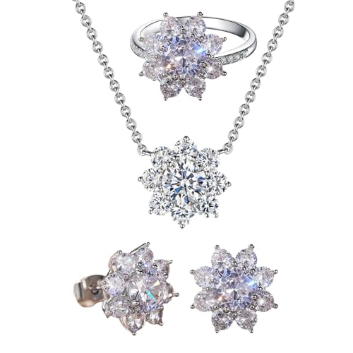 Süßer Schmuckset Mit Kubischem Zirkonia Zarte Blumen Halskette Ohrringe Und Ringe Jewlry Set Mit Zirkon Verzierung Modeschmuck Für Frauen von Fahoujs