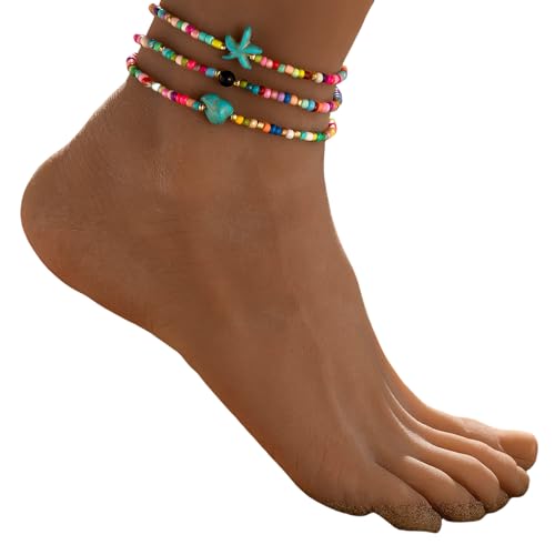 Tragbares Dehnbares Fußkettchen Trio Styles Türkisfarbene Seesterne Perlen Fußschmuck Für Strand Urlaubsstärker Ausdehnen Fußkettchen von Fahoujs