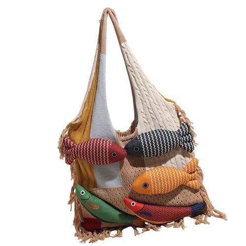 Trendy Patchwork Fischmuster Übergroße Strickbeutel Mehrzweck Carryall Für Tägliche Verwendung Laptop Bücher Kosmetik Praktische Polyester Bau Cartoon Fisch Design Geräumiger Reise Umhängetasche von Fahoujs