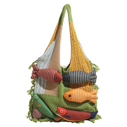 Trendy Patchwork Fischmuster Übergroße Strickbeutel Mehrzweck Carryall Für Tägliche Verwendung Laptop Bücher Kosmetik Praktische Polyester Bau Cartoon Fisch Design Geräumiger Reise Umhängetasche von Fahoujs