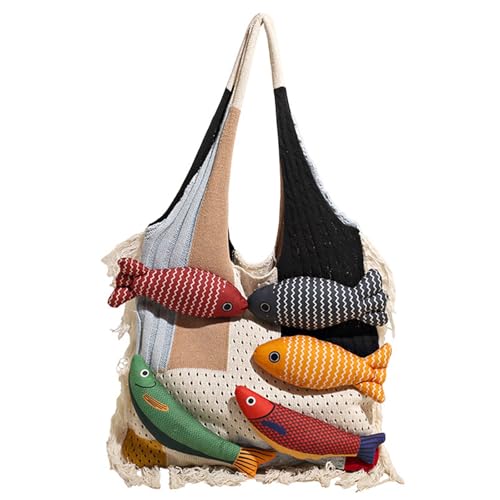 Trendy Patchwork Fischmuster Übergroße Strickbeutel Mehrzweck Carryall Für Tägliche Verwendung Laptop Bücher Kosmetik Praktische Polyester Bau Cartoon Fisch Design Geräumiger Reise Umhängetasche von Fahoujs
