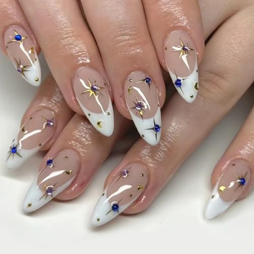 Weiße French Mandel Press Auf Nails Star Designs Hochglänzende Strasssteine Dekore Kleben Auf Nägeln Für Mädchen Und Frauen Bequemer Tragennagel von Fahoujs