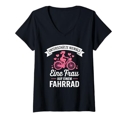Damen Unterschätze Niemals Frau Auf Einem Fahrrad Fahren T-Shirt mit V-Ausschnitt von Fahrrad Fahren Sport Fahrradfahrer Rad Fahren