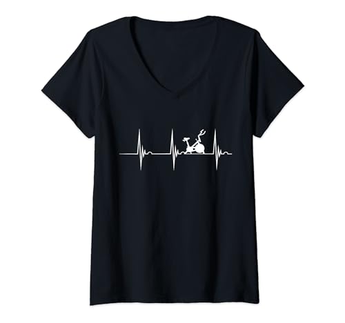 Damen Spinning Fahrrad Gym Spinning Workout Herzschlag EKG Puls T-Shirt mit V-Ausschnitt von Fahrrad Spinning Spinningkurs Fitnessstudio Gym