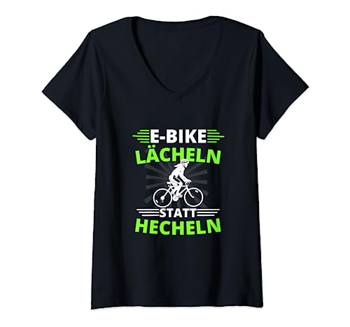 Damen e-bike lächeln statt hecheln ebike fahrrad T-Shirt mit V-Ausschnitt Damen e-bike lächeln statt hecheln ebike fahrrad T-Shirt mit V-Ausschnitt von Fahrradfahrer Fahrradmotiv Ebike Mountainbike