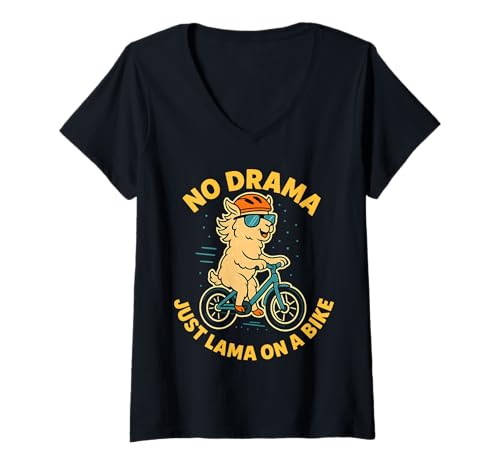 Damen No Drama Just Lama On A Bike T-Shirt mit V-Ausschnitt Damen No Drama Just Lama On A Bike T-Shirt mit V-Ausschnitt von Fahrradfahrer Lama Spruch Humor