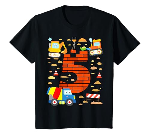 Kinder 5. Geburtstag Junge Betonmischer Laster Bagger Planierraupe T-Shirt Kinder 5. Geburtstag Junge Betonmischer Laster Bagger Planierraupe T-Shirt von Fahrzeuge auf der Baustelle für Kinder