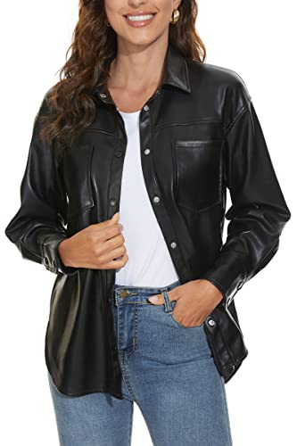 Fahsyee Damen Kunstleder-Shacket, Moto Biker Hemden Loose Fit Blazer mit langen Ärmeln Knopf Freizeitjacke Schwarz Übergröße XXL von Fahsyee