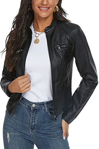 Fahsyee Damen Kunstlederjacke, Moto Biker Lederjacke Antik-fertige Schlanke Vegane Reißverschlussjacke Schwarz, Größe L von Fahsyee