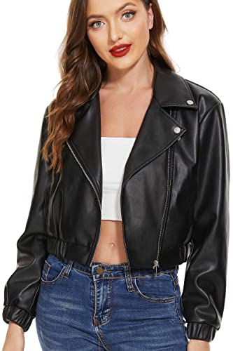 Fahsyee Damen Kunstlederjacke, Motorrad Übergröße Moto Biker Lederjacke Reißverschluss Mantel Kurz Leicht Vegan Beschnitten, Schwarz S von Fahsyee