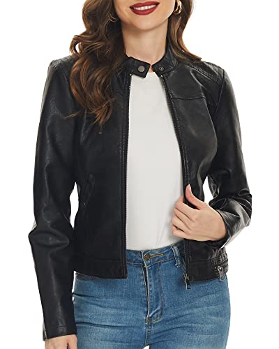 Fahsyee Damen Kunstlederjacke, Reißverschluss Motorrad Kurz PU Lederjacke Moto Biker Oberbekleidung Taillierter Schmaler Mantel Schwarz Größe S von Fahsyee