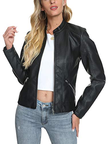 Fahsyee Damen Kunstlederjacke, Schwarz Lederjacke Ernte Zierlich Reißverschluss Motorrad PU Moto Biker Oberbekleidung Taillierter Schmaler Mantel, Größe L von Fahsyee