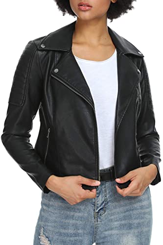 Fahsyee Damen Kunstlederjacken, Reißverschluss Motorrad Kurz PU Moto Biker Oberbekleidung Schlanke Passform Mantel Schwarz Größe XL von Fahsyee