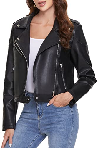 Fahsyee Damen Lederjacke, Kunstlederjacken mit Reißverschluss, kurze PU-Motorradjacke, schmale Bikerjacke, enganliegende Slim-Fit, Schwarz, Größe M von Fahsyee