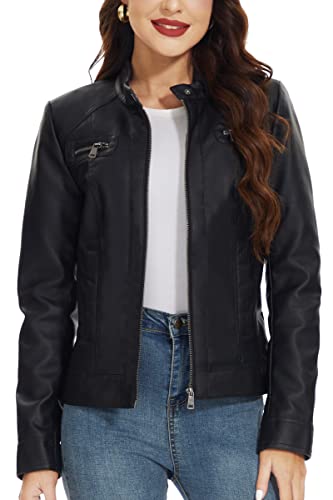 Fahsyee Damen Lederjacken, Reißverschluss-Motorradjacke Aus Kunstleder Kurze PU Moto Biker Oberbekleidung Schlanke Passform Größe L, Schwarz von Fahsyee