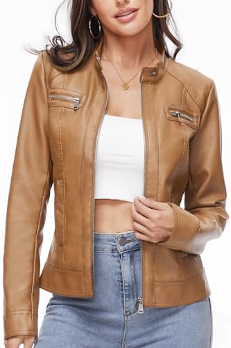 Fahsyee Damen Lederjacken, Reißverschluss-Motorradjacke Aus Kunstleder Kurze PU Moto Biker Oberbekleidung Schlanke Passform Größe M, Kamel Fahsyee Damen Lederjacken, Reißverschluss-Motorradjacke Aus Kunstleder Kurze PU Moto Biker Oberbekleidung Schlanke Passform Größe M, Kamel von Fahsyee