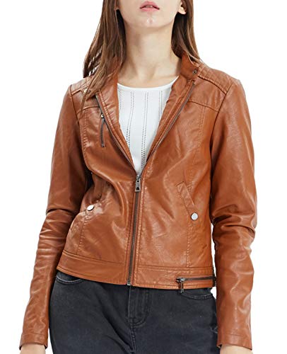 Fahsyee Damen Lederjacken, Reißverschluss-Motorradjacke Aus Kunstleder Kurze PU Moto Biker Oberbekleidung Schlanke Passform Größe XXL, Kamel von Fahsyee
