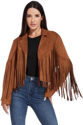Fahsyee Fransen lederjacke Damen – Wildledermitat, Motorrad-Biker-Kurzer Mante, Kunstleder, Modische mit Quaste L, Braun von Fahsyee
