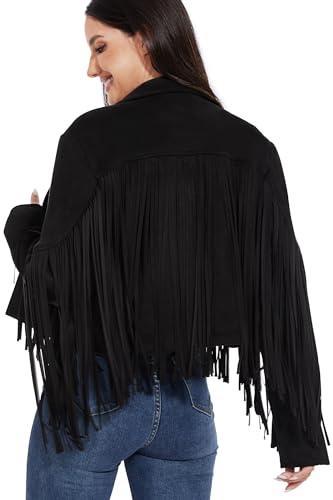 Fahsyee Fransen lederjacke Damen – Wildledermitat, Motorrad-Biker-Kurzer Mantel, Kunstleder, Modische mit Quaste L Schwarz von Fahsyee