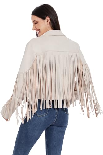 Fahsyee Fransen lederjacke Damen – Wildledermitat, Motorrad-Biker-Kurzer Mantel, Kunstleder, Modische mit Quaste XXL, Weiß von Fahsyee