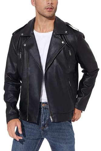 Fahsyee Kunstlederjacke Herren, Faux Bomber Jacke Männer Motorrad Revers Asymmetrische Zip-Up Blet Slim Fit Biker Mantel Schwarz XXL von Fahsyee