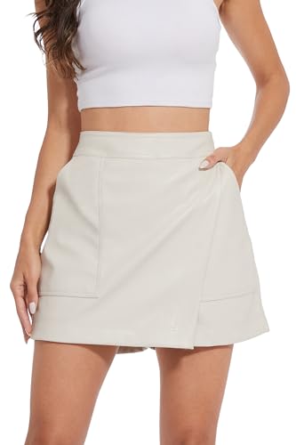 Fashyee Leder Shorts Damen Kunstleder Skorts Frauen Mit Mini Short Wrapped Rock Pleather Dressy XXL, Weiß von Fahsyee