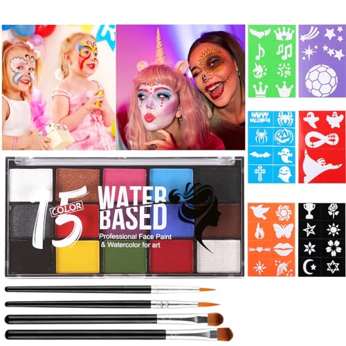 FainFun Kinderschminke Set, 15 Farben Kinderschminke Fasching, Gesichtsfarben Kinderschminken mit 4 Pinsel und 40 Tattoos, Kinderschminke Fasching Ungiftig für Halloween, Fasching, Maskerade von FainFun