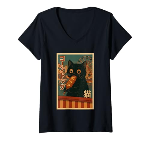 Damen Retro Black Cat Poster mit Corn Dog und Fair Ferris Whe T-Shirt mit V-Ausschnitt Damen Retro Black Cat Poster mit Corn Dog und Fair Ferris Whe T-Shirt mit V-Ausschnitt von Fair Cat Art Prints