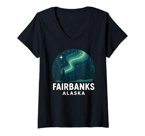 Damen Fairbanks: Ausflug zum Nordlichtwald, Alaska, Aurora Borealis T-Shirt mit V-Ausschnitt Damen Fairbanks: Ausflug zum Nordlichtwald, Alaska, Aurora Borealis T-Shirt mit V-Ausschnitt von Fairbanks Alaska Apparel