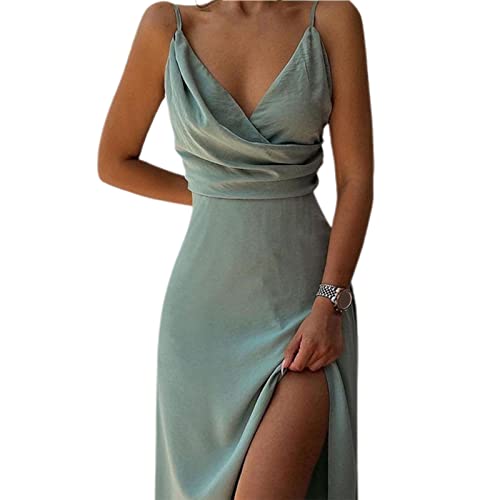 Fairnull Damenkleid Sommer Kreuz Wickelkleid V-Ausschnitt Split Hem Blumendruck Sling Midikleid für den täglichen Gebrauch Grün L von Fairnull