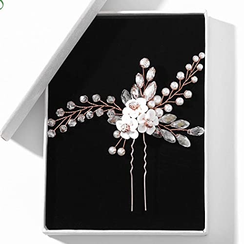 Fairvir Braut-Haarnadeln, Silber, Strass, Blume, Kristall, Brautschmuck, Kopfschmuck, Perlen, Haar-Accessoires, Schmuck für Frauen und Mädchen, 2 Stück (Roségold) von Fairvir