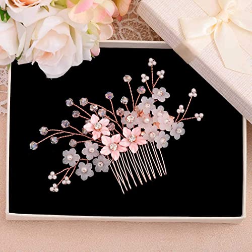 Fairvir Braut Hochzeit Haarkamm Blume Silber Strass Sparky Kristall Braut Perle Haarschmuck für Frauen und Mädchen (Rose Gold) von Fairvir