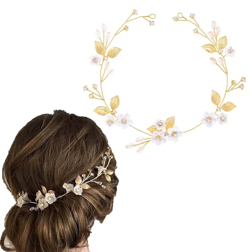 Fairvir Brautschmuck Hochzeit Haarranke, Blume, Goldblatt, strahlende Braut, Seitenkristall, Kopfschmuck, Haarschmuck für Damen und Mädchen (Gold) von Fairvir