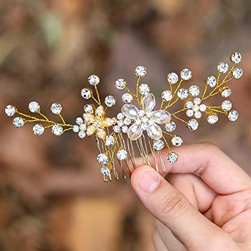 Fairvir Brautschmuck Hochzeit Haarkamm Gold Strass Seitenkämme Kristall Braut Blume Haarschmuck für Frauen und Mädchen von Fairvir