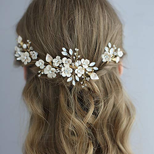 Fairvir Brautschmuck Hochzeit Kamm Gold Blume Strasssteine funkelnder Kristall Braut Blattseitenkämme Perle Haarschmuck für Damen und Mädchen (3 Stück) (Gold) von Fairvir