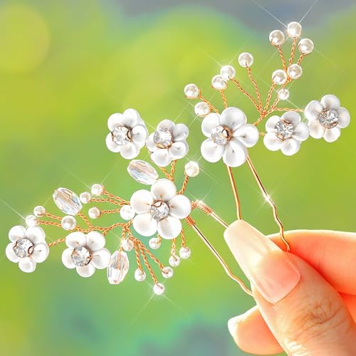 Fairvir Braut Hochzeit Blume Haarnadeln Strass Brautschmuck Perle Haarnadel Haarschmuck für Damen und Mädchen (2 Stück) (Roségold) von Flayem