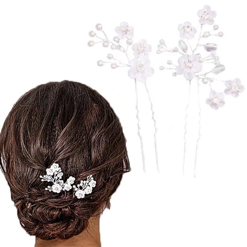 Fairvir Brautschmuck Hochzeit Haarnadeln Blume Silber Strass Braut Perle Haarnadel Haarschmuck für Frauen und Mädchen (2 Stück) (Silber) von Fairvir